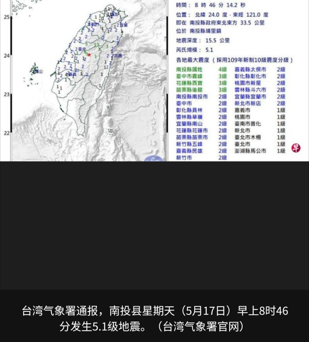 台湾地震台湾省南投县星期天（5月17日）早上8时46分发生5.1级地震，福建省多