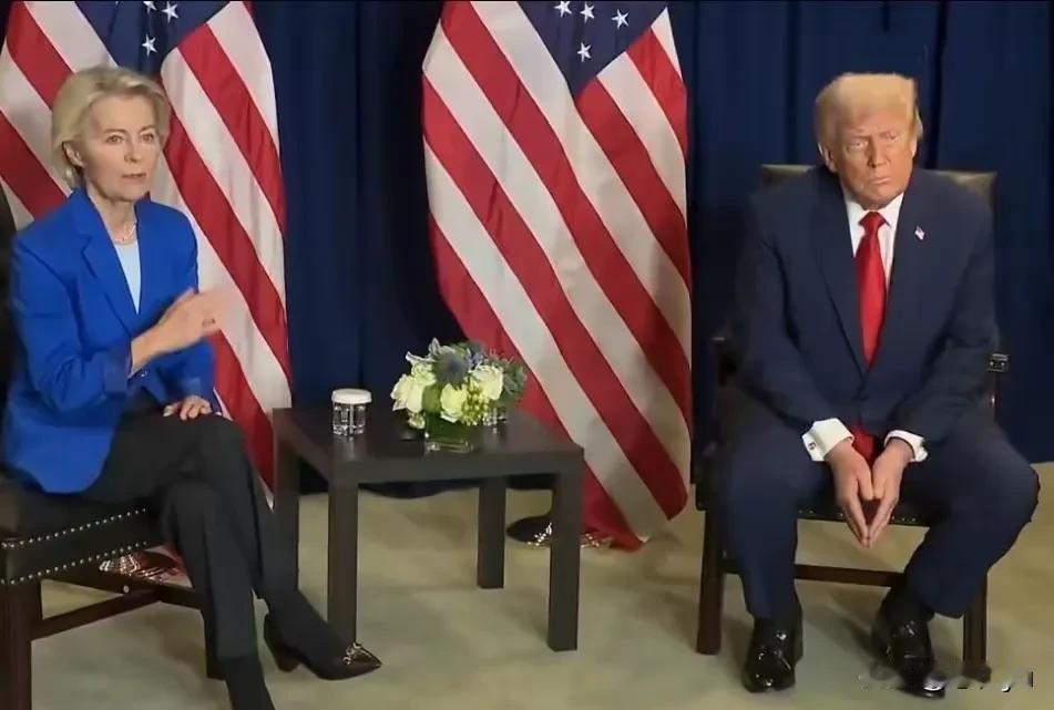 欧盟委员会主席冯德莱恩被特朗普羞辱后，还在谄媚特朗普。有​记者问：按照特朗普总统