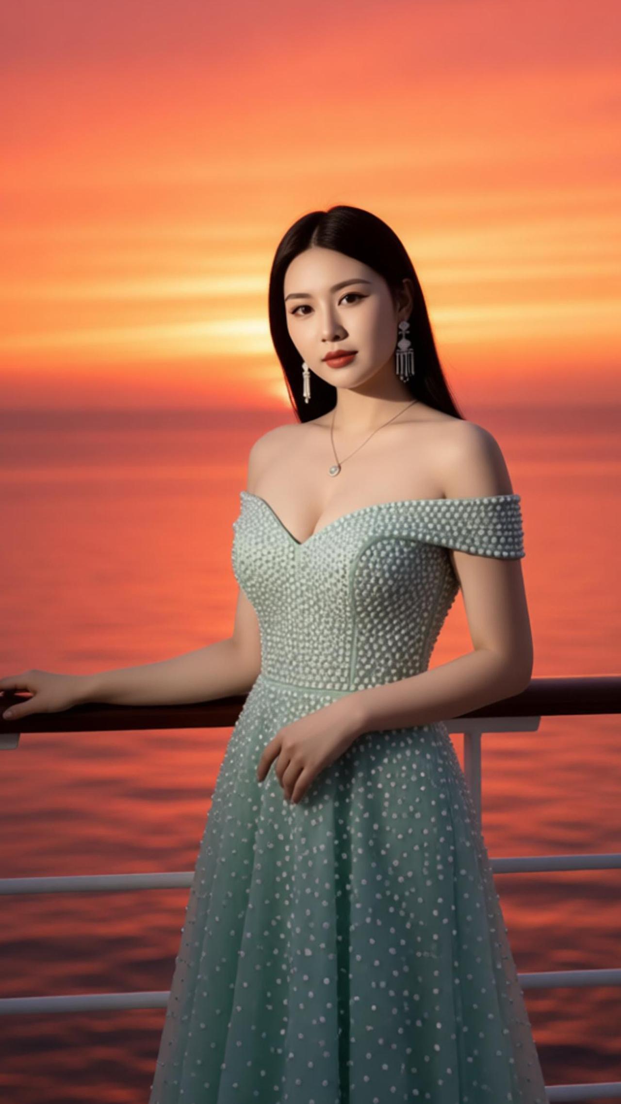 夕阳把天空染成了暖橙色，海面泛着碎金似的波光。穿浅绿波点露肩裙的苏念念，站在栏杆