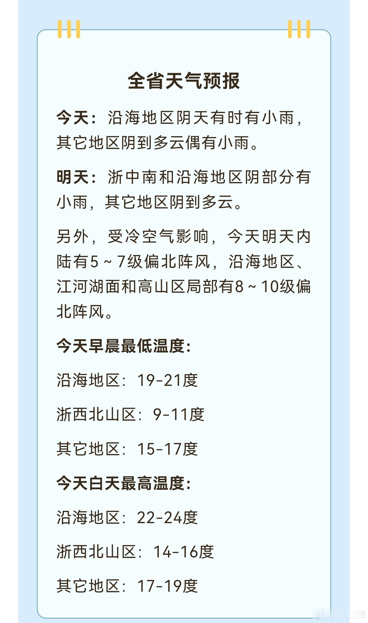 浙江未来几天最低气温降至15度以下 从21日开始，全省各地天气都还不错，气温凉爽
