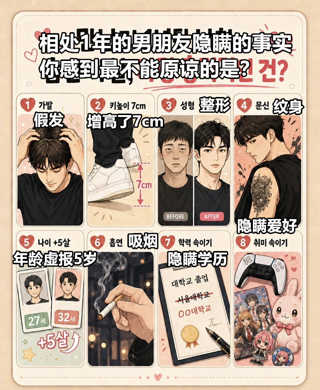 韩网热帖：相处1年的男朋友隐瞒的事实，你感到最不能原谅的是？ ​​​​