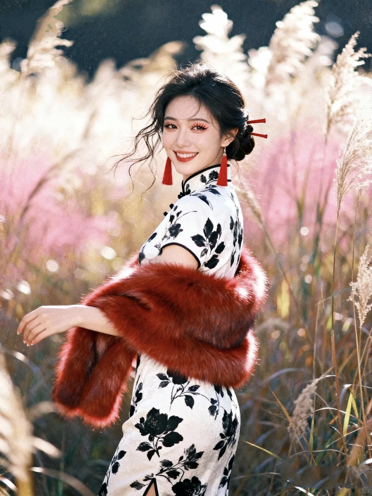 《粉草间的旗袍》
 
白绫裁作底，墨笔绘秋棠
一袭旗袍，裹住半程旧时光
 
狐裘