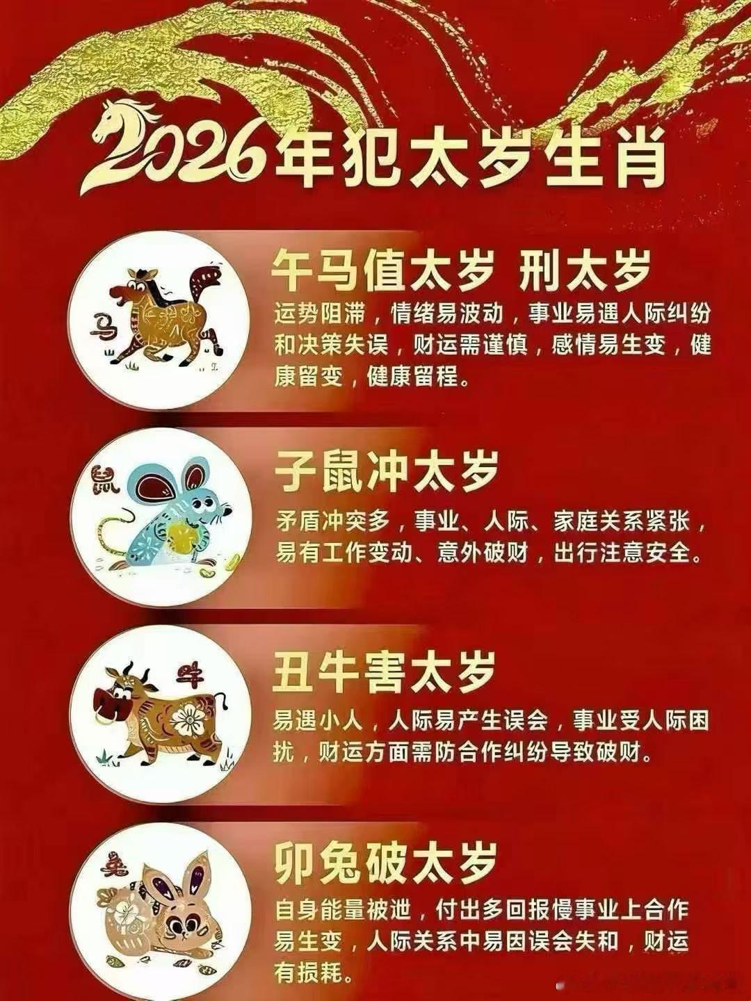 2026年犯太岁生肖：马，鼠，兔，牛。正所谓：太岁当头，无喜必有祸。要注意因为犯