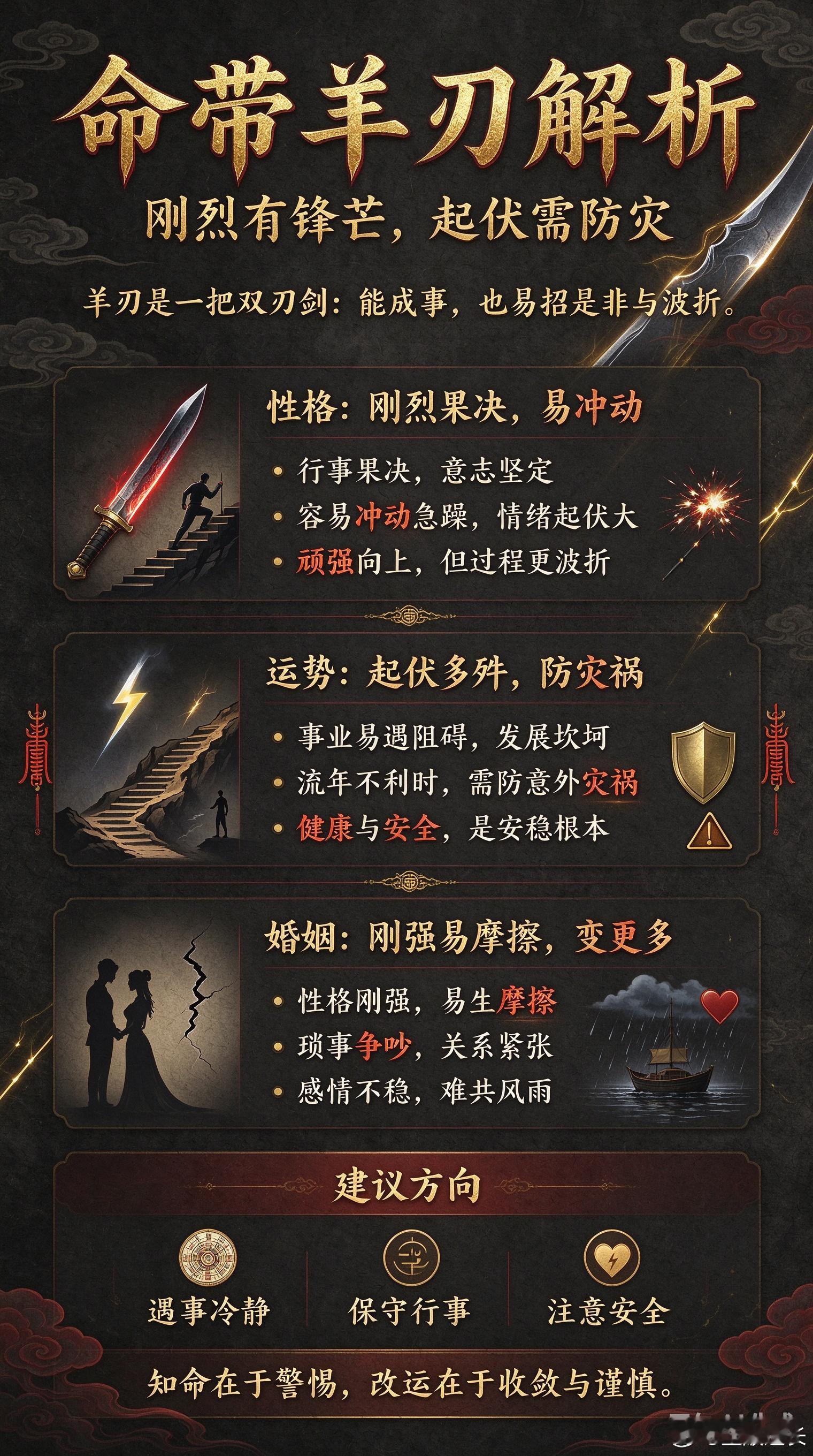 命带羊刃解析一、性格：刚烈果决，易冲动命带羊刃者性格刚烈，行事果决，但容易冲动急