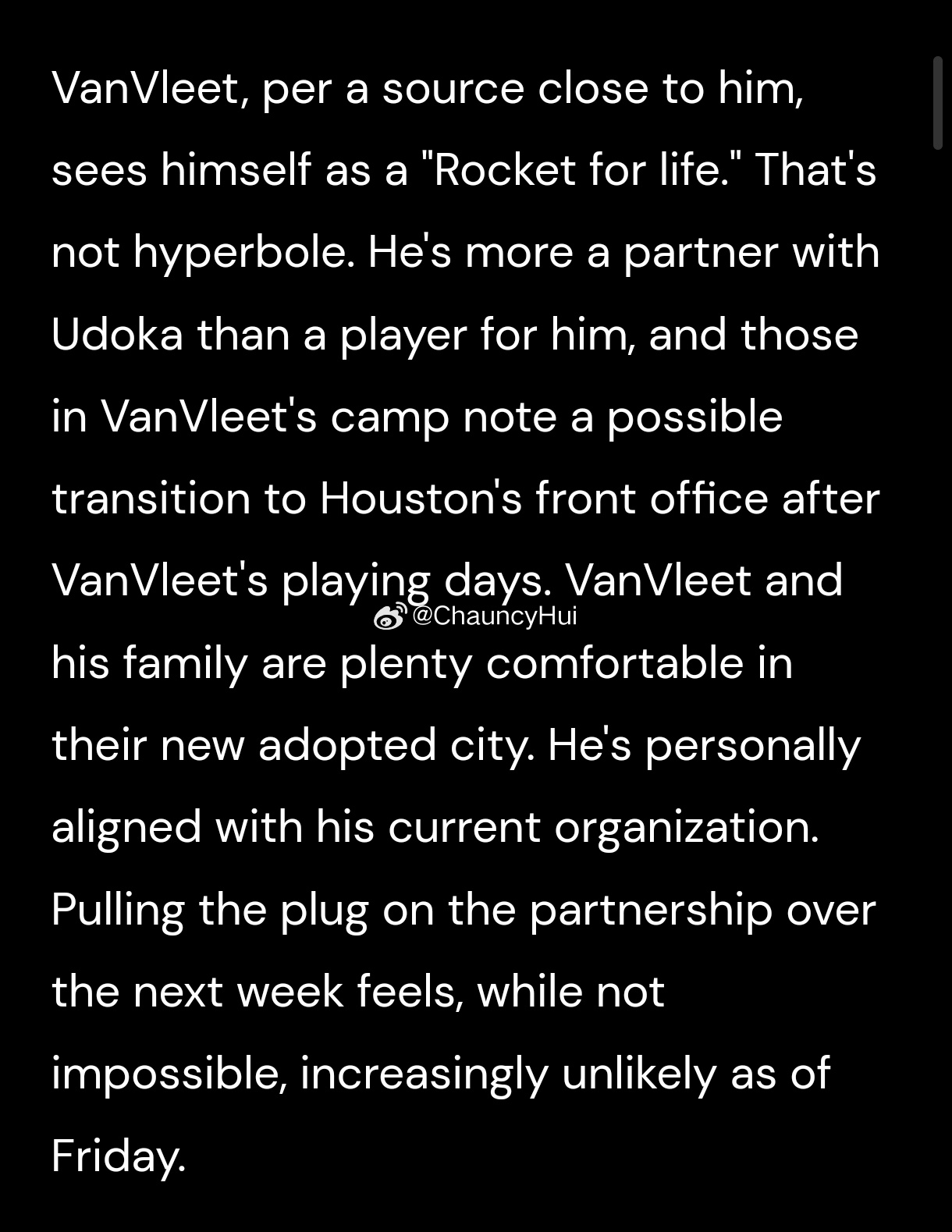 别想着换范弗里特了，感觉基本和乌多卡绑定休斯顿火箭