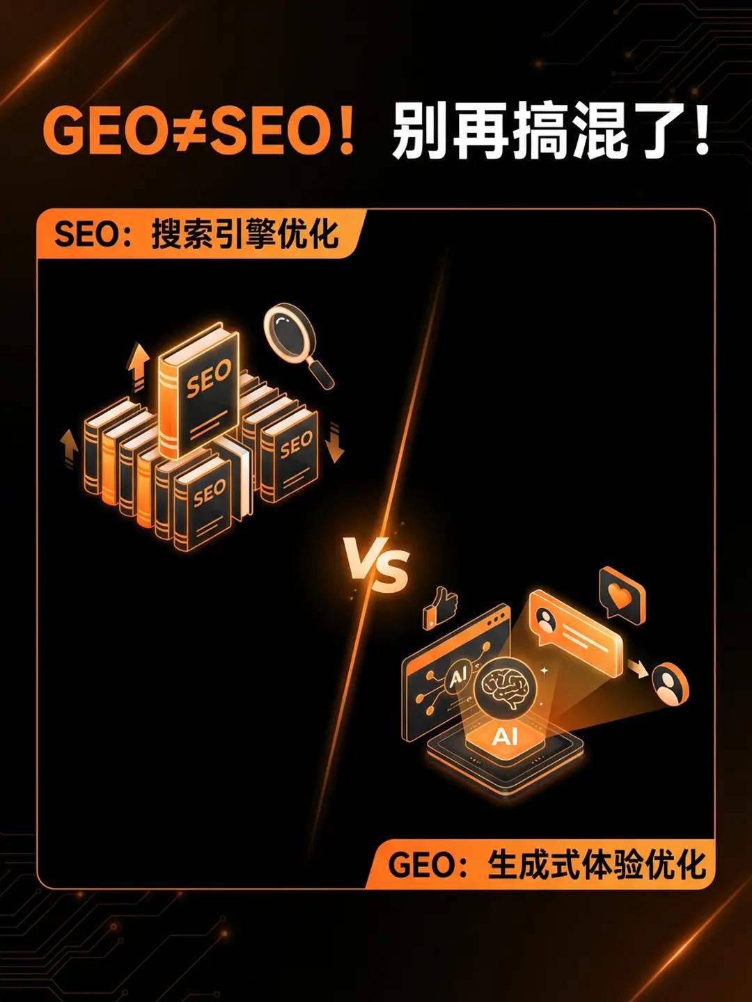 GEO≠SEO！别再搞混了！。打个比方你就懂了：SEO 像是在图书馆抢书架位置，