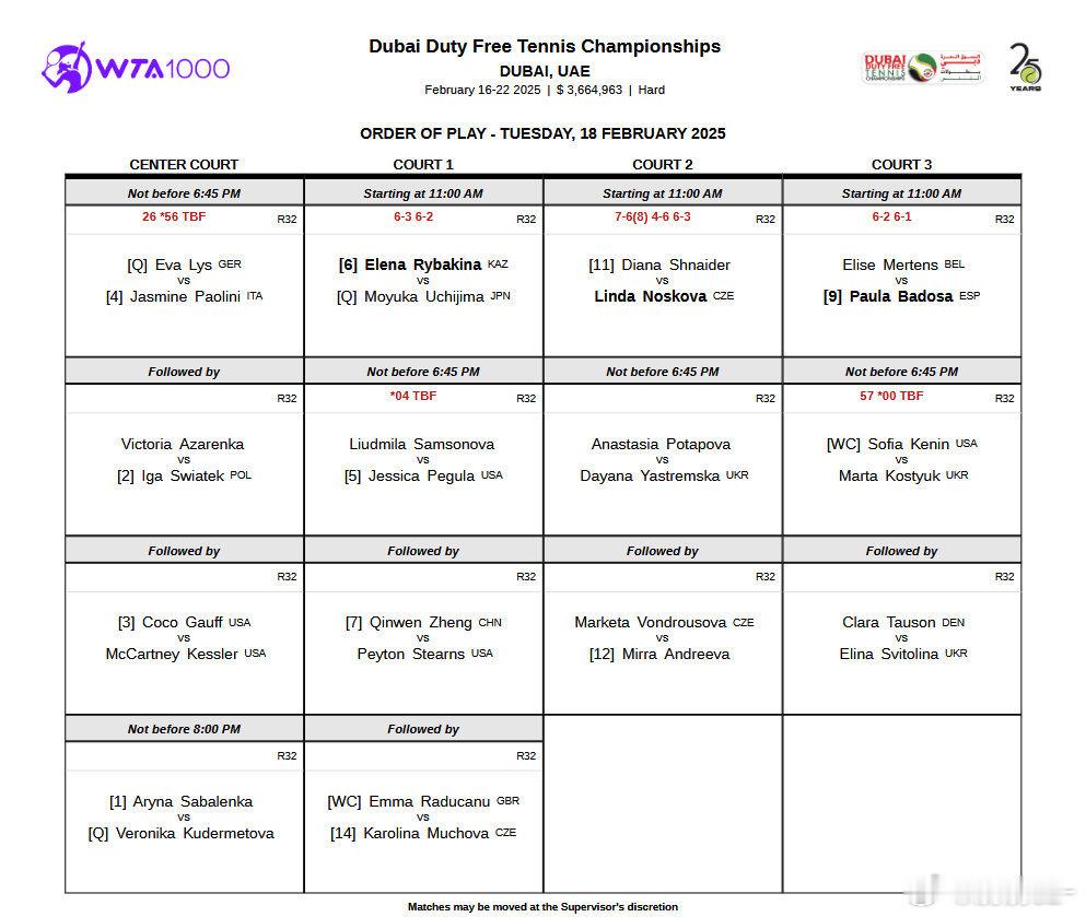 郑钦文vs斯特恩斯 🎾WTA1000迪拜站，今天赛程因雨调整，郑钦文从中心场地