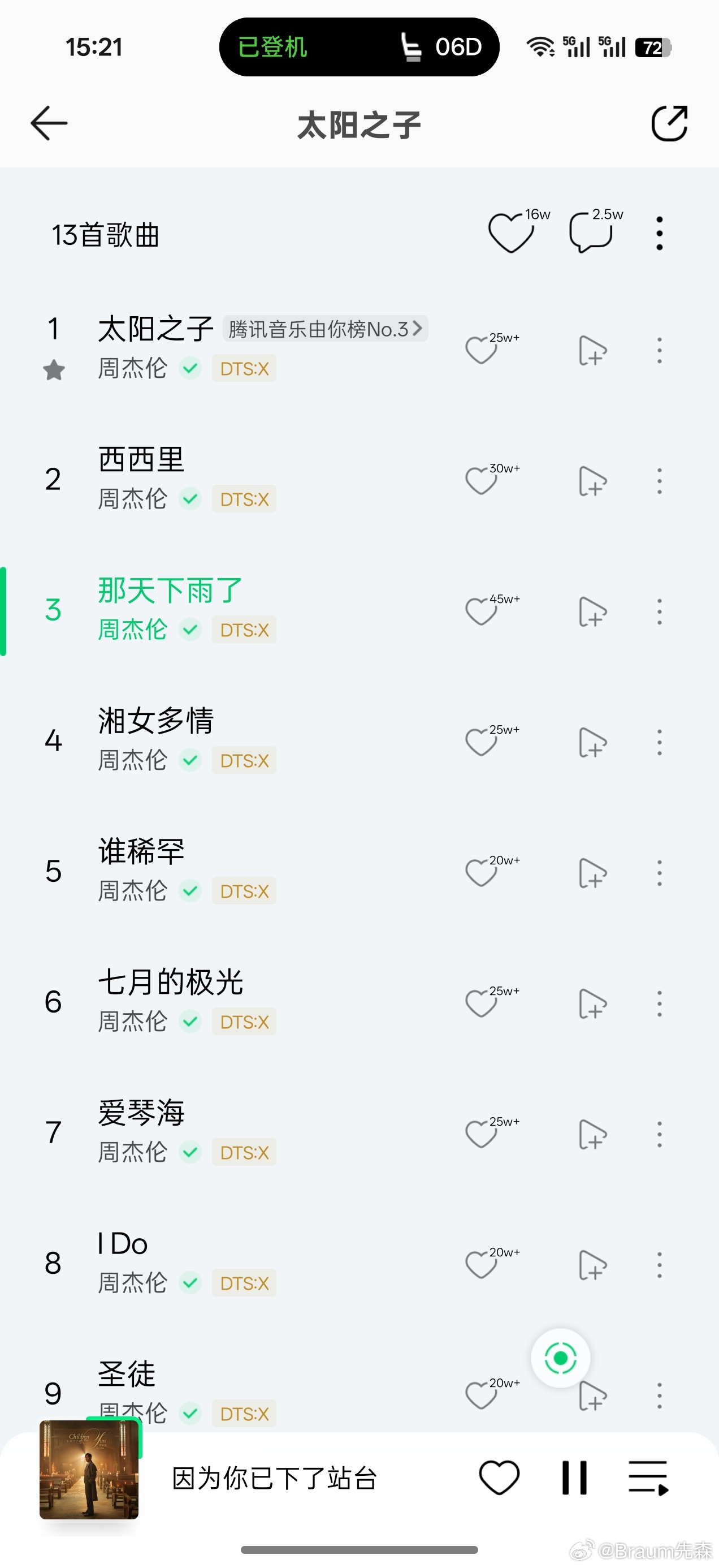 周杰伦新专辑目前收藏数最高的是那天下雨了，暂时断层其他歌。市场还是喜欢这种小甜歌