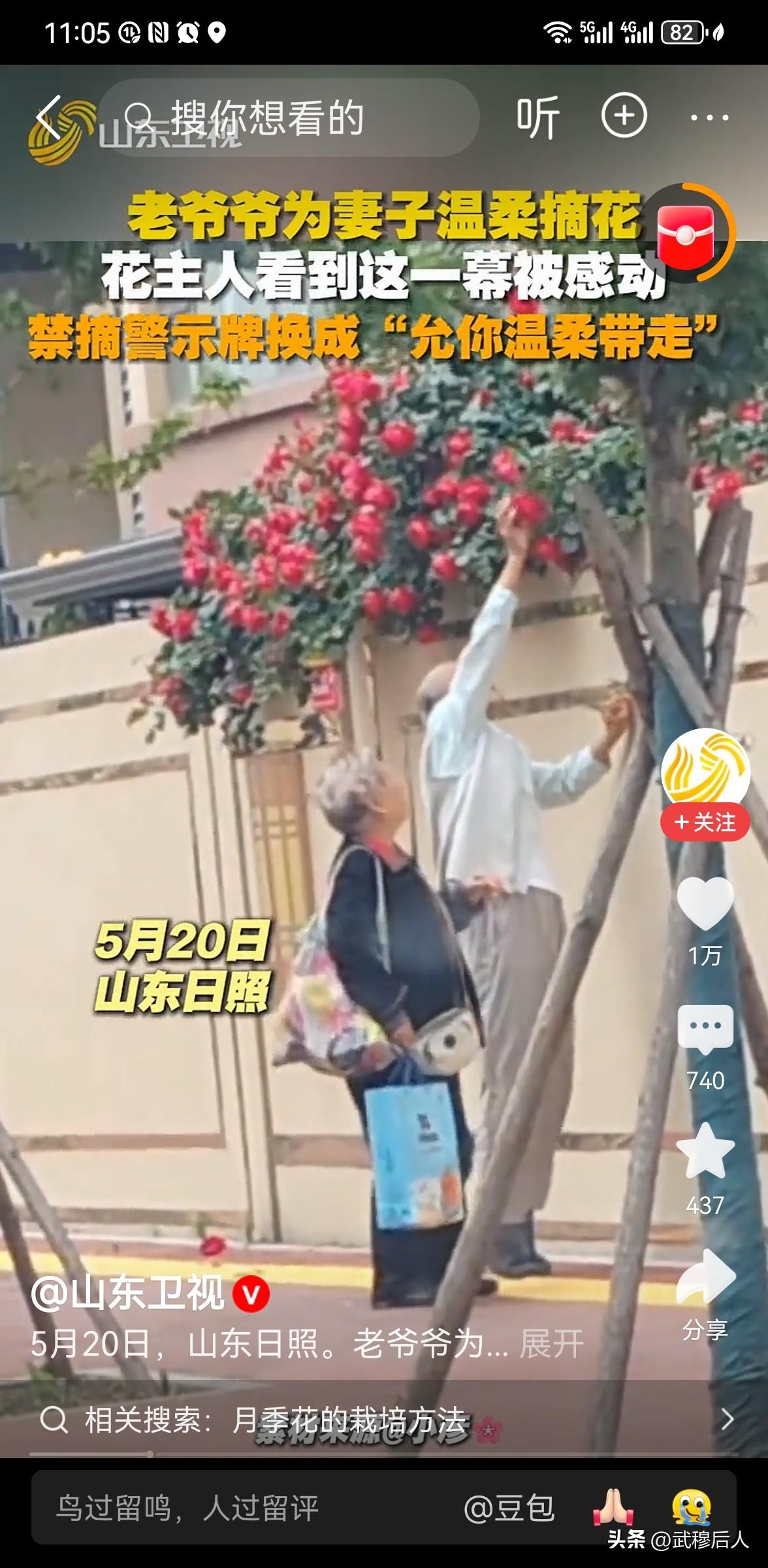 老爷爷为妻子摘花，花主人改警示牌
 
5月20日山东日照，一位老爷爷为妻子摘花，