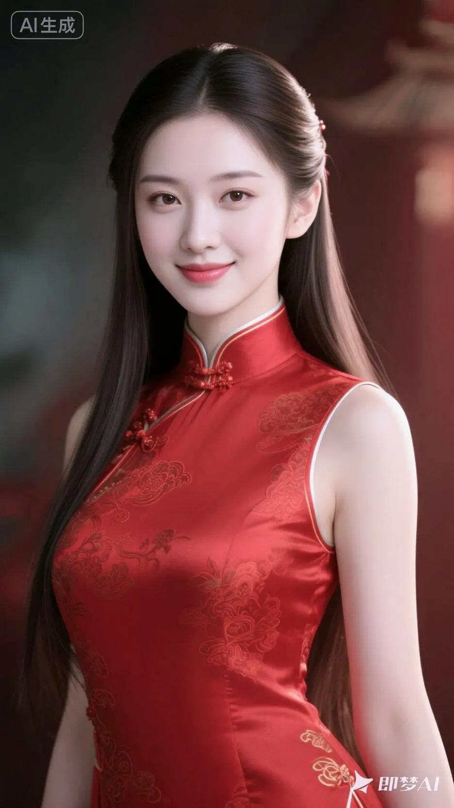 惊艳的东方美人，一袭红色旗袍，尽显古典优雅！