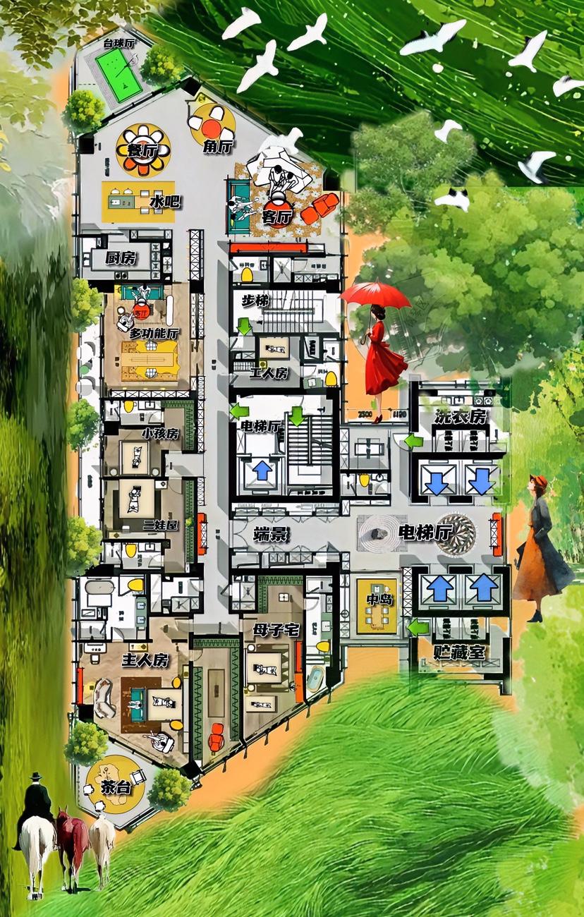 苦中偷乐402m²，布局太厉害了 ，不只是大场面的电话梯厅，而是80m²客厅很地