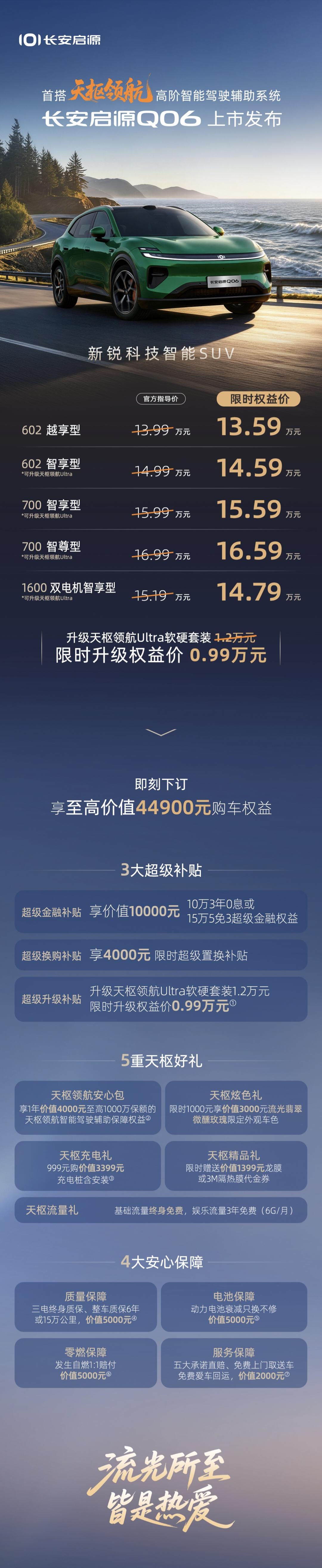 车型给到纯电、增程双路线可选。纯电版有单电机和双电机四驱，四驱版本零百4.8秒，