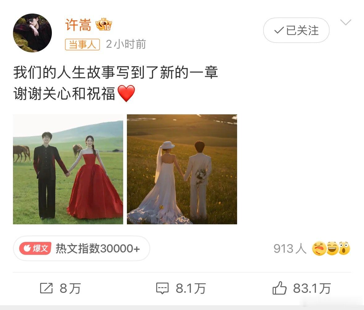 祝福嵩哥！从小听许嵩的歌长大，没想到他现在还是这么年轻[泪奔]许嵩冯禧未公开婚纱