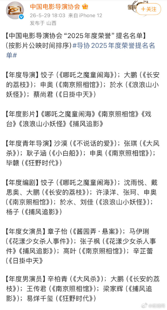 肖战0提中国电影导演协会 中国导演协会公布正式提名名单 
