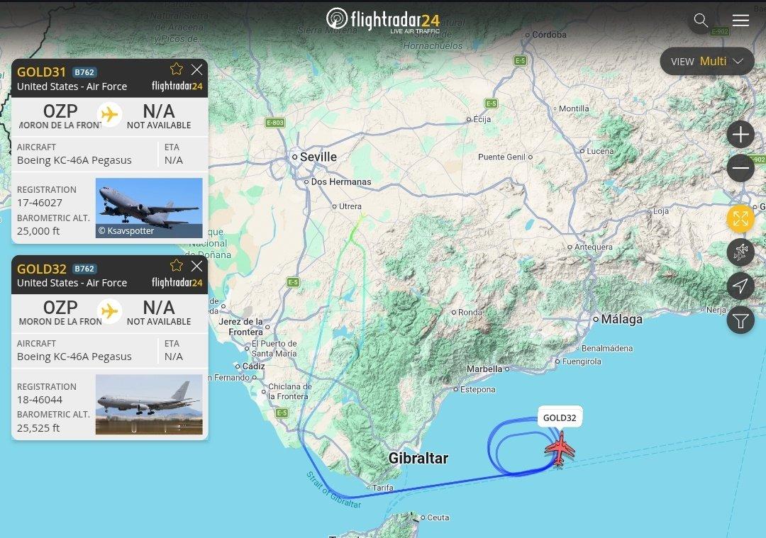 🔻转场的 EA-18G 电战咆哮者正从西班牙莫龙基地起飞，由加油机伴飞前往中东