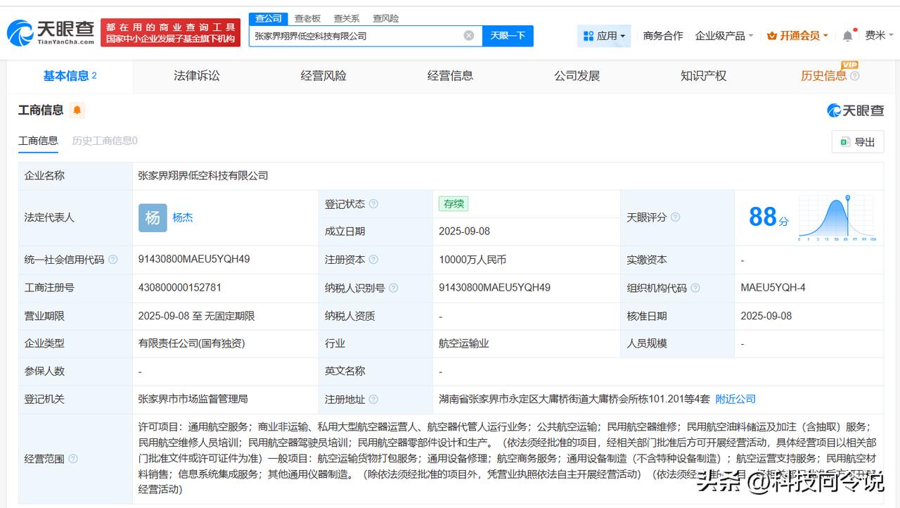【张家界翔界低空科技公司登记成立 注册资本1亿】
天眼查工商信息显示，近日，张家