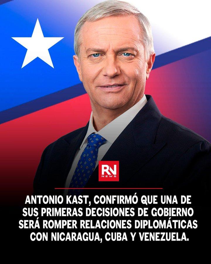 安东尼奥·卡斯特宣布与左翼政权断绝外交关系 智利当选总统安东尼奥·卡斯特证实，他