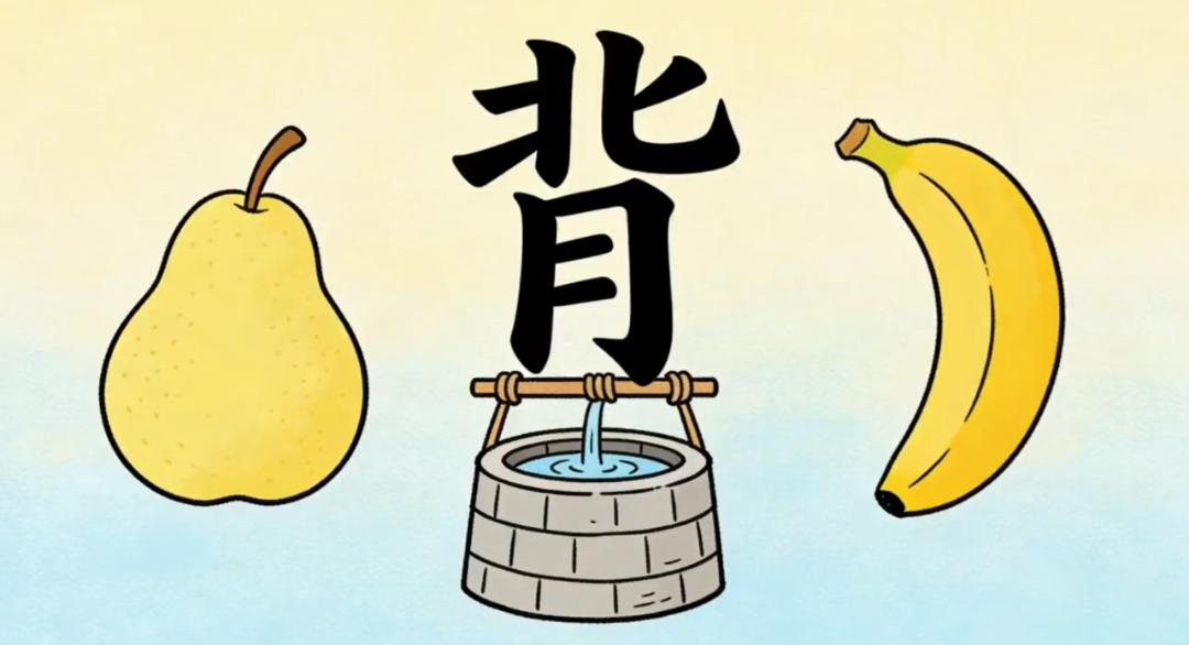水果和酒桶，背景是“北月”。看图猜词语，开心快乐，这个组合很搞笑。很多人生活不容