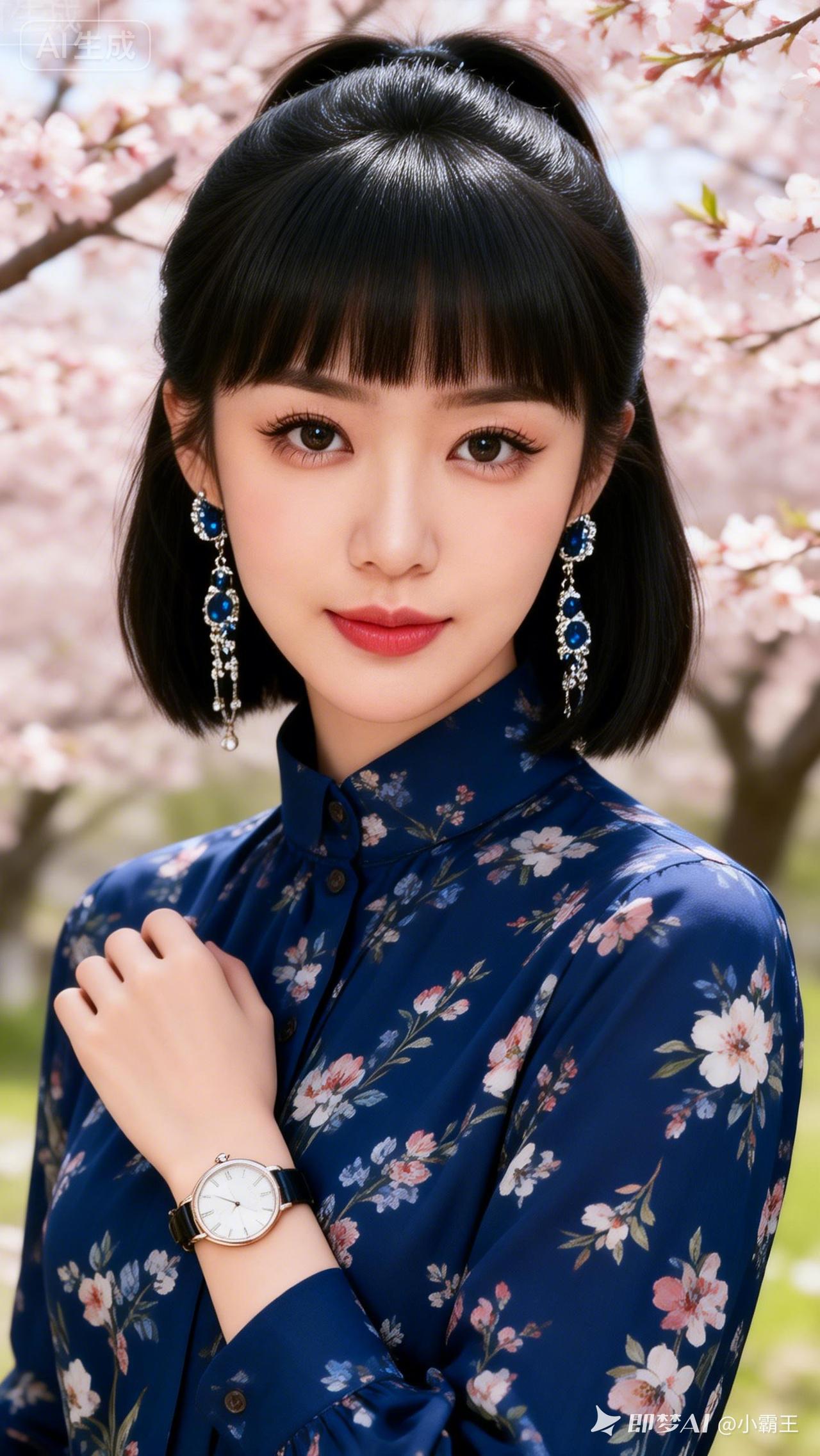 樱花树下，优雅蓝裙，清新自然，美不胜收！🌸💙🌸