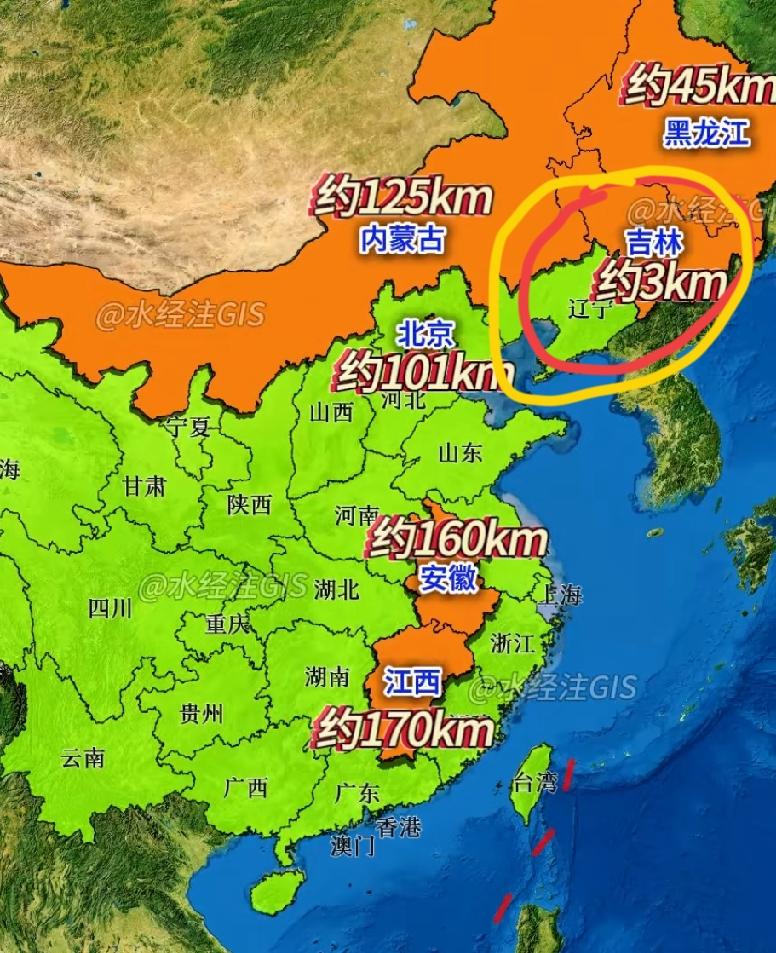 原来吉林省离大海那么近啊，仅有3公里左右，这可是内陆省份离海最近的了，着实令人震