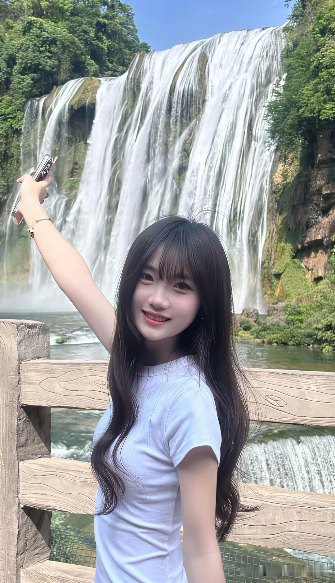 瀑布前的少女，阳光下的甜美瞬间