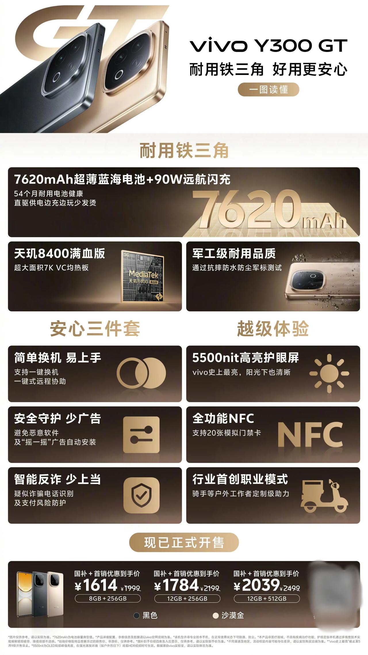 1999元起，vivo Y300 GT开售

8+256GB：1999元，国补后