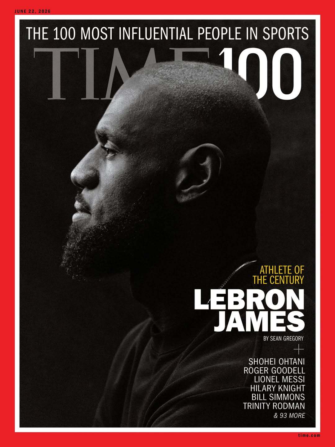 詹姆斯成为《时代周刊》最具影响体育人百大封面人物。NBA
