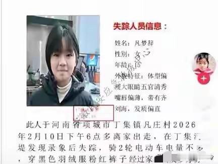 痛心！河南15岁女孩凡梦辞离家出走已经整整15天了！还没有任何消息！

2月10