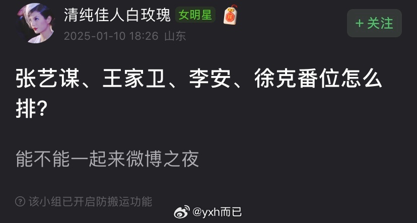 白玫瑰问 李安张艺谋王家卫徐克番位怎么排名 