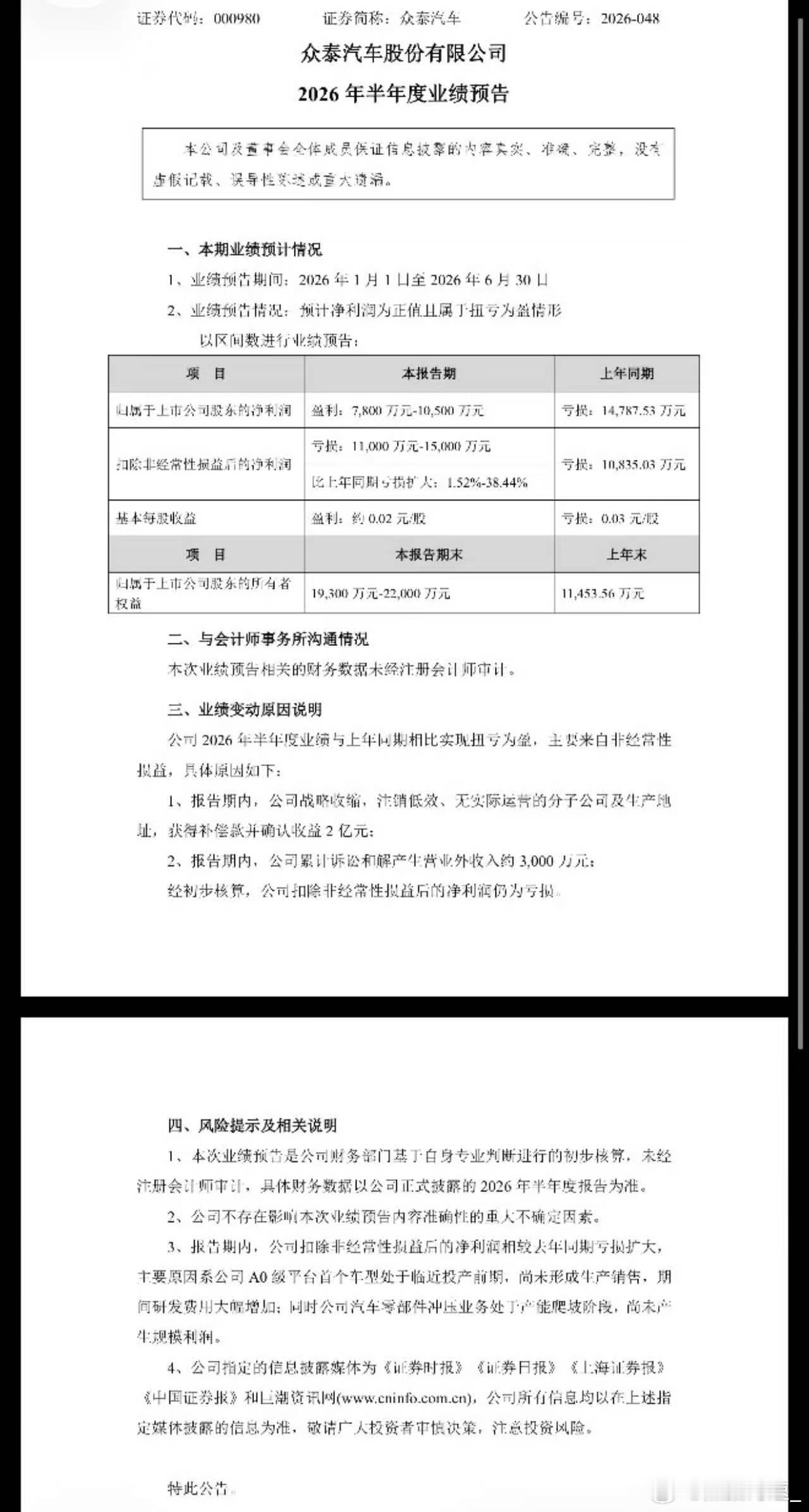 众泰汽车预计上半年实现扭亏为盈众泰汽车 sz000980[股票] 讽刺，生不逢时