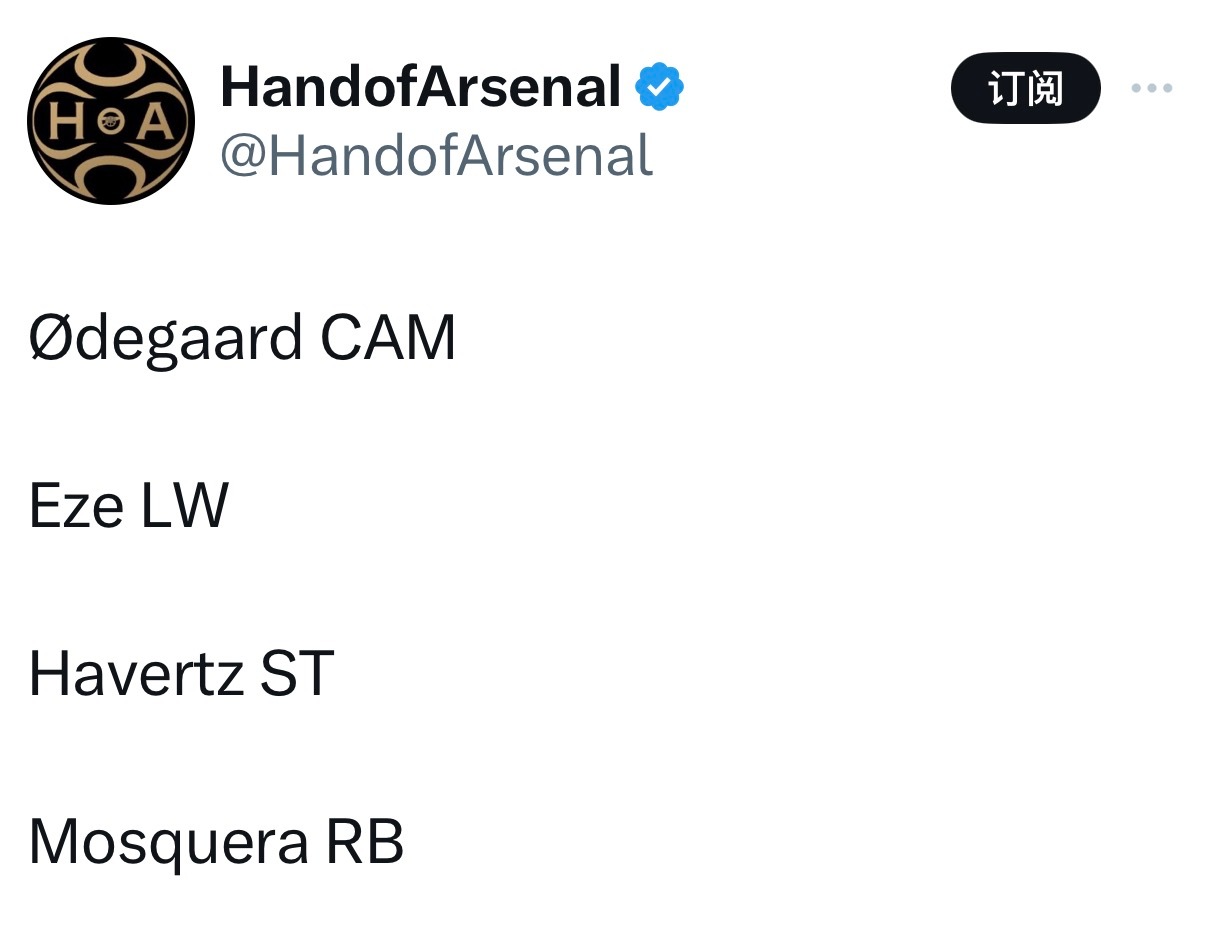 HandofArsenal：厄德高前腰，埃泽左边锋，哈弗茨前锋，莫斯克拉右后卫 