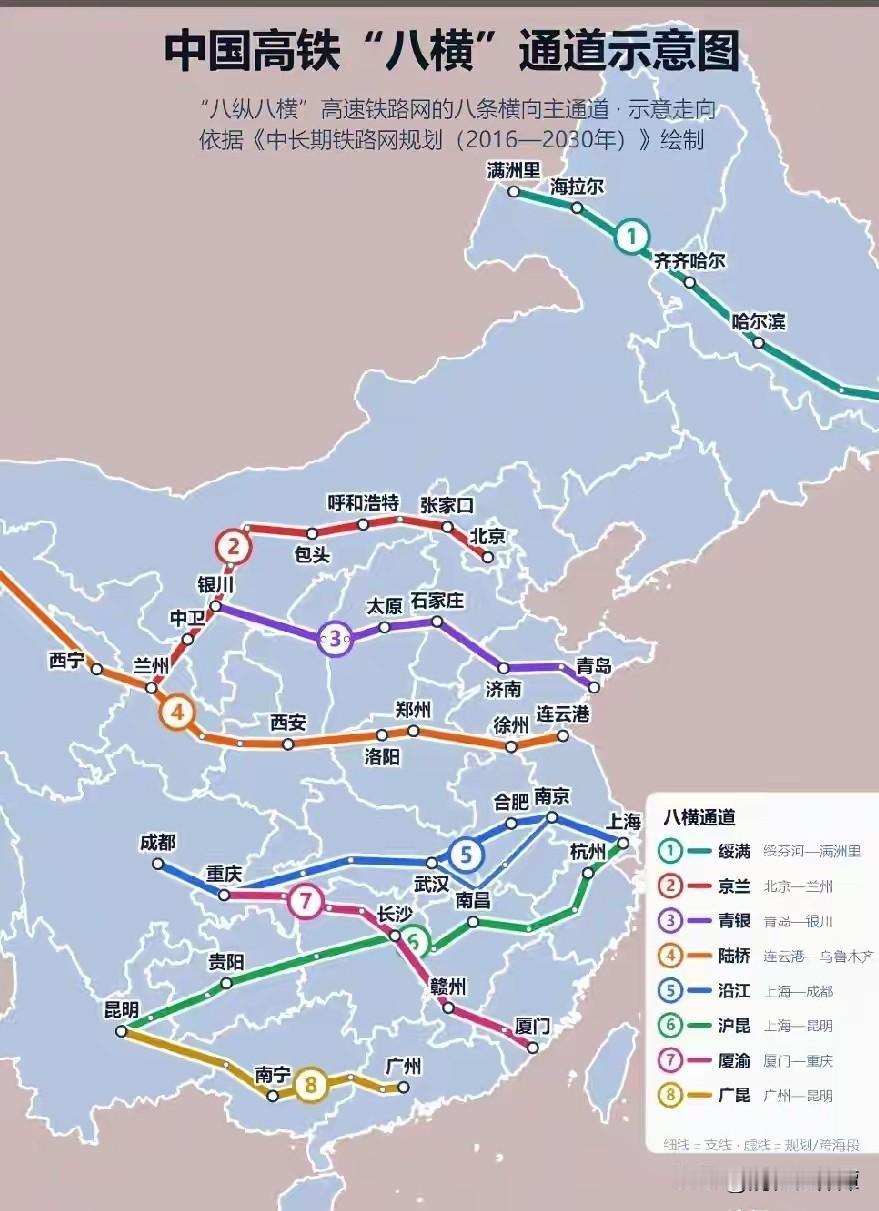 中国高铁“八横”通道示意图出炉！长沙坐拥2条！
根据网友梳理的中国高铁八条横向线