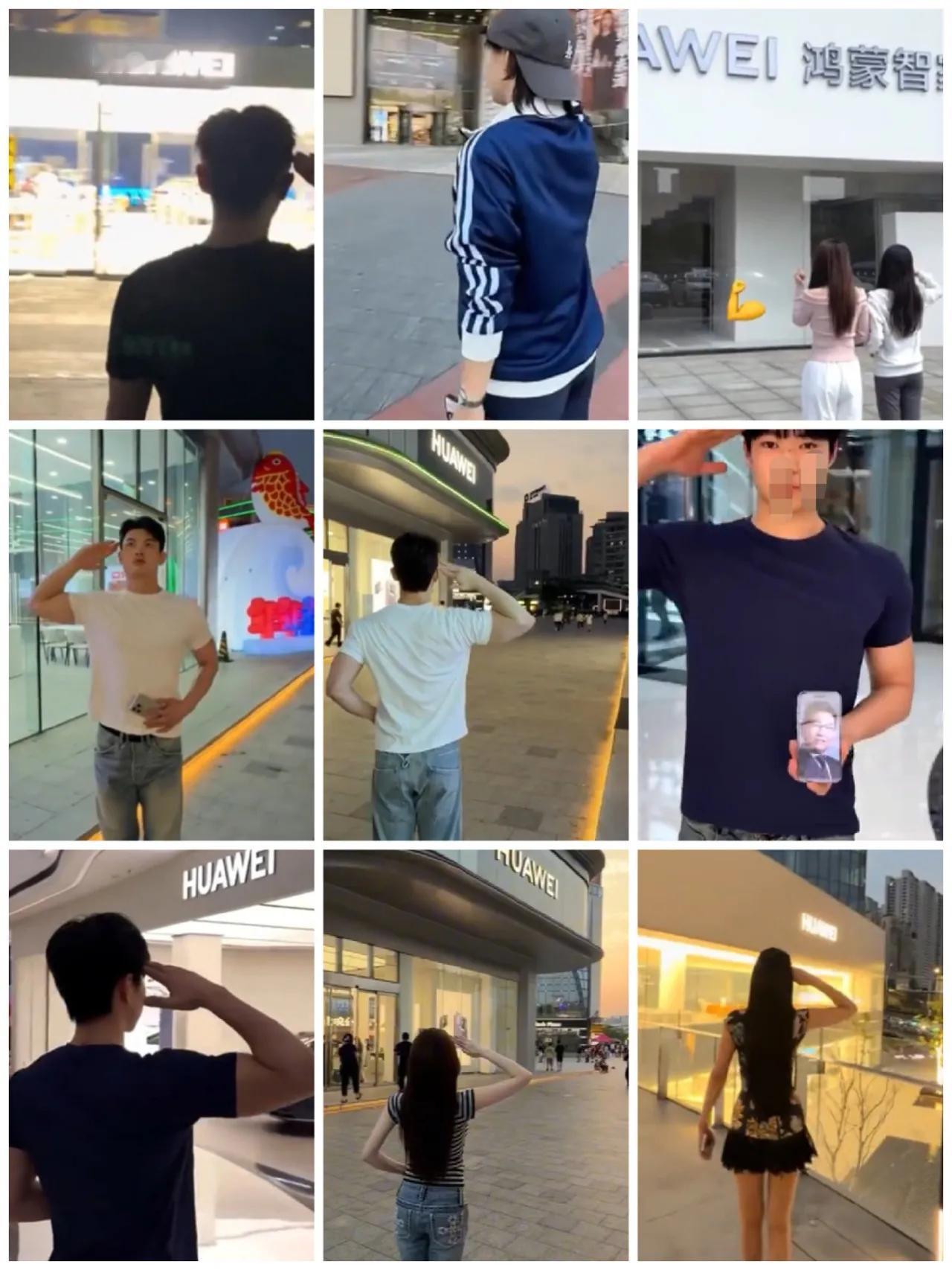 拿着苹果手机向华为门店敬礼，是这个梗最讽刺的地方，它本质上是一场用夸张反差玩的“