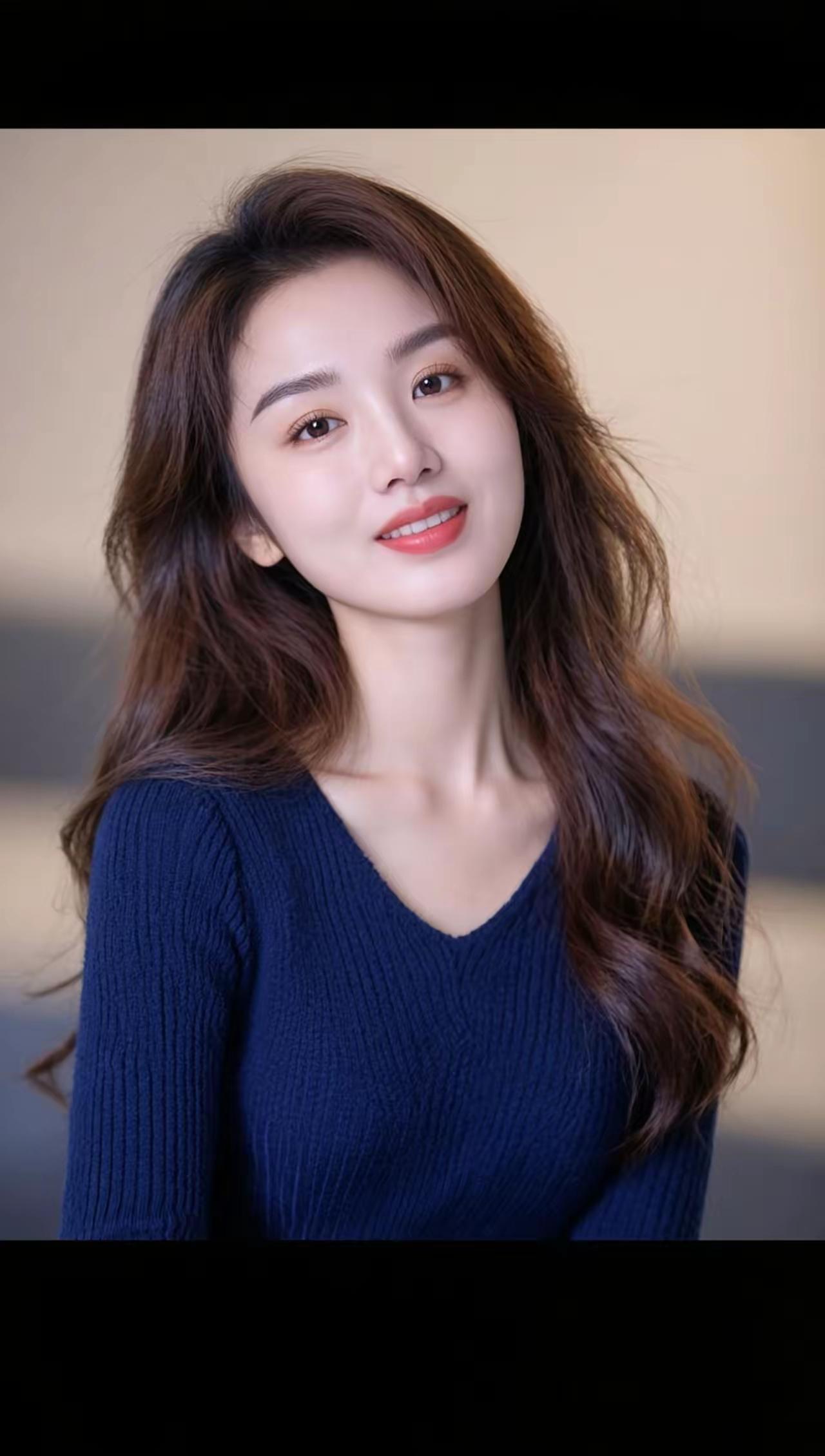 温柔甜美的微笑，深蓝色毛衣搭配，自然卷发，气质满分！😊✨
