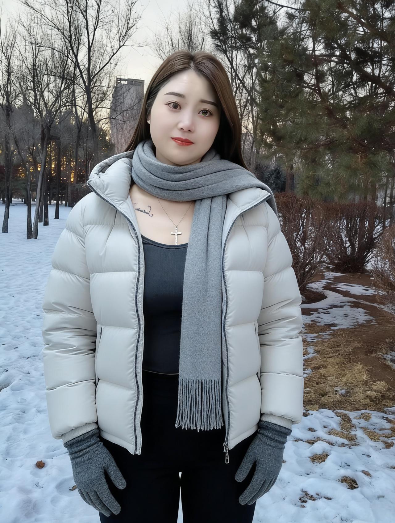 凝眸望晓天，雪色衬娇颜。
袄暖风无迹，心清意自闲。