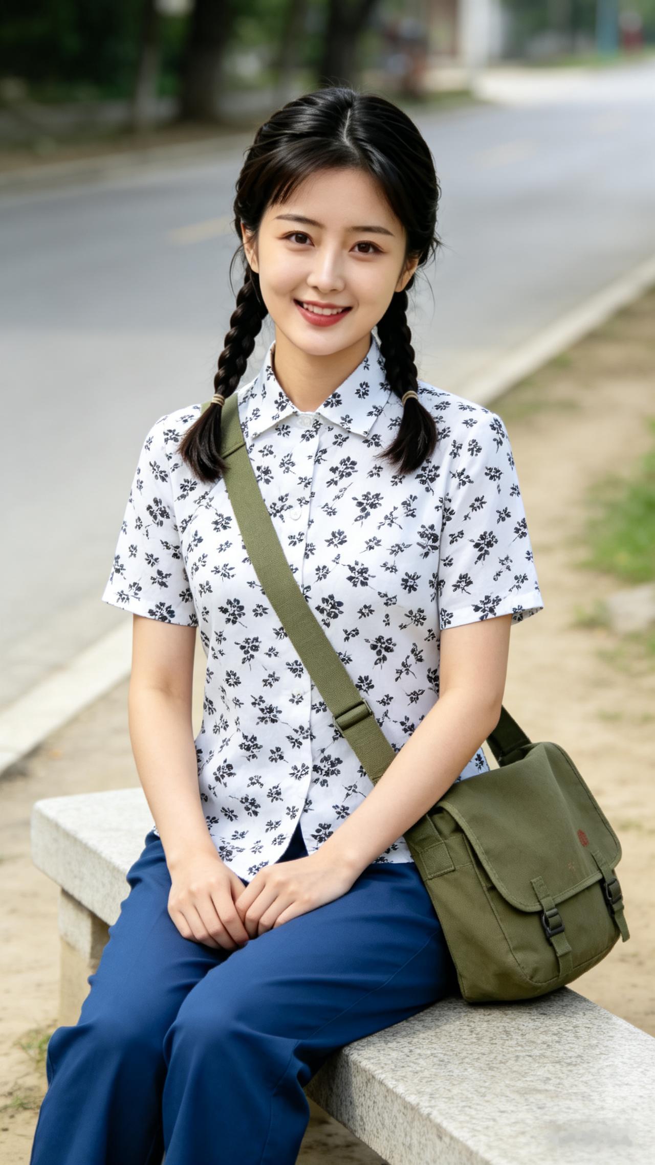 二十岁少女双麻花辫，白底碎花短袖衬衫配蓝长裤，斜挎军布包，坐在路边石凳温柔浅笑，