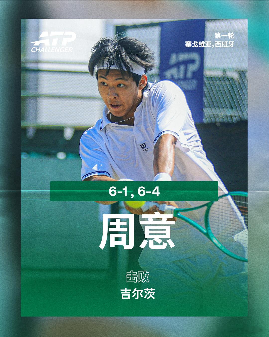 周意晋级第二轮ATP挑战赛 塞戈维亚站首轮，6号种子周意以6-1 6-4击败吉尔
