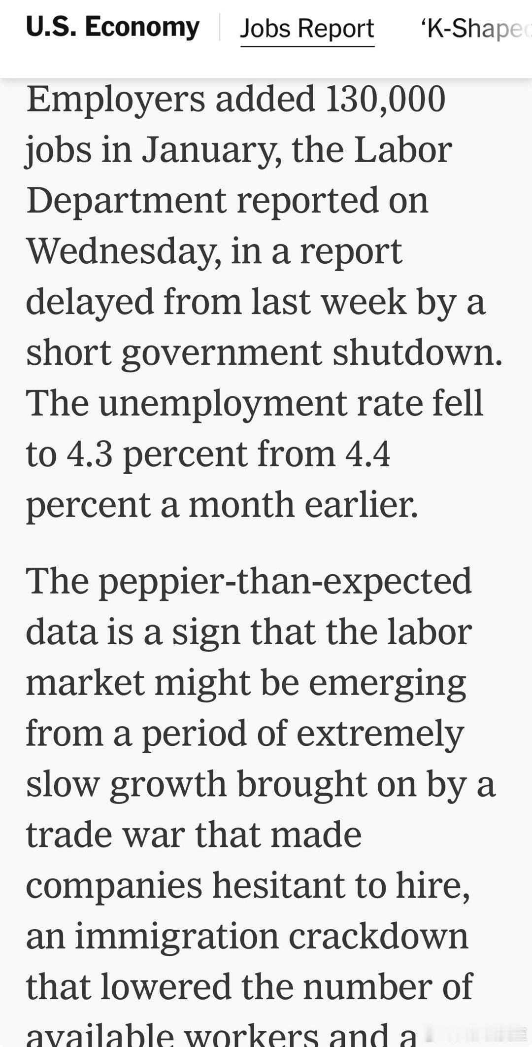 劳工部数据：一月非农就业，增长十三万，一年多来最高；失业率4.3%，低于去年底2