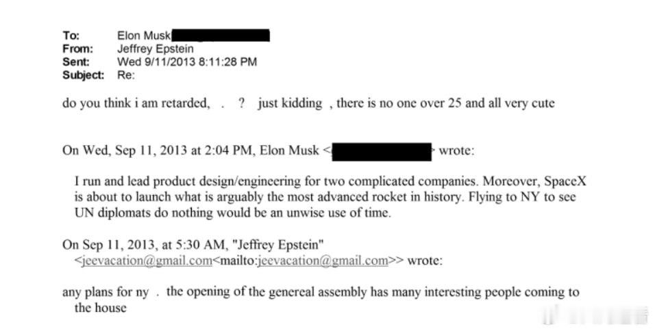 爱泼斯坦马斯克在 2013 年 9 月给杰弗里·爱泼斯坦的一封邮件中写道：你觉得