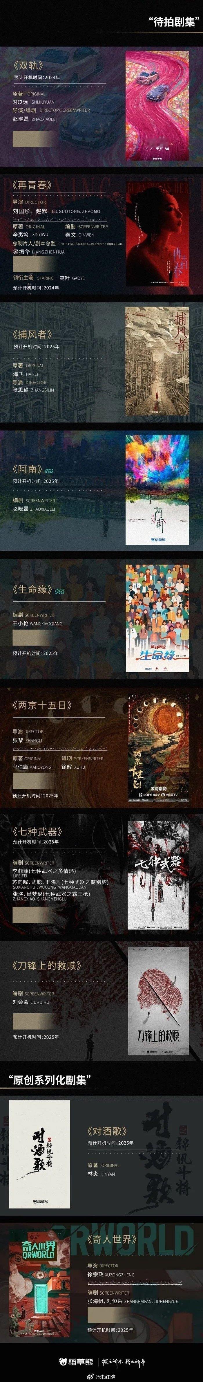 稻草熊2025年筹备待拍片单《双轨》导演编剧赵晓磊（夏花）《再青春》原著辛夷坞《