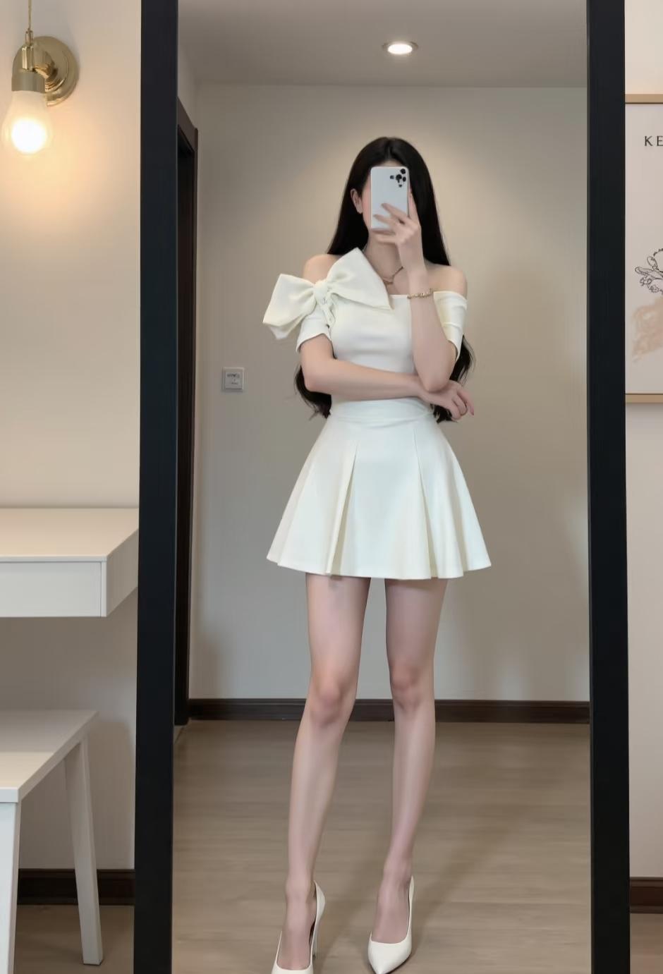 尽量穿修身一些的吧，或者过膝短裙套装，显的腿会修长一些，好看一些
职场丽人穿搭 