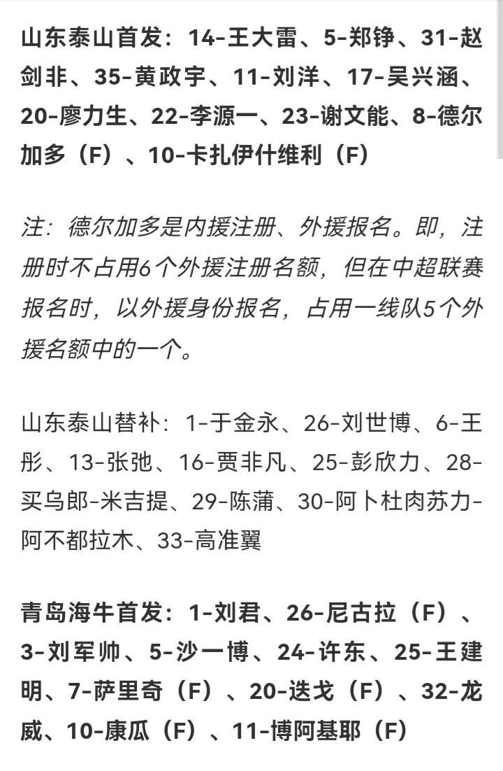 山东泰山对青岛海牛的首发阵容出来了，还是两外援对五外援，这已经是山东泰山今年的标