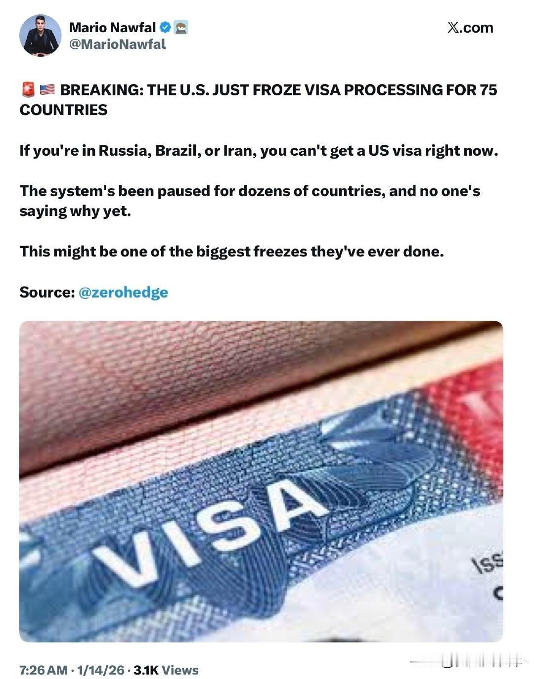 突发：美国暂停75个国家的签证处理

如果你身在俄罗斯、巴西或伊朗，现在无法获得