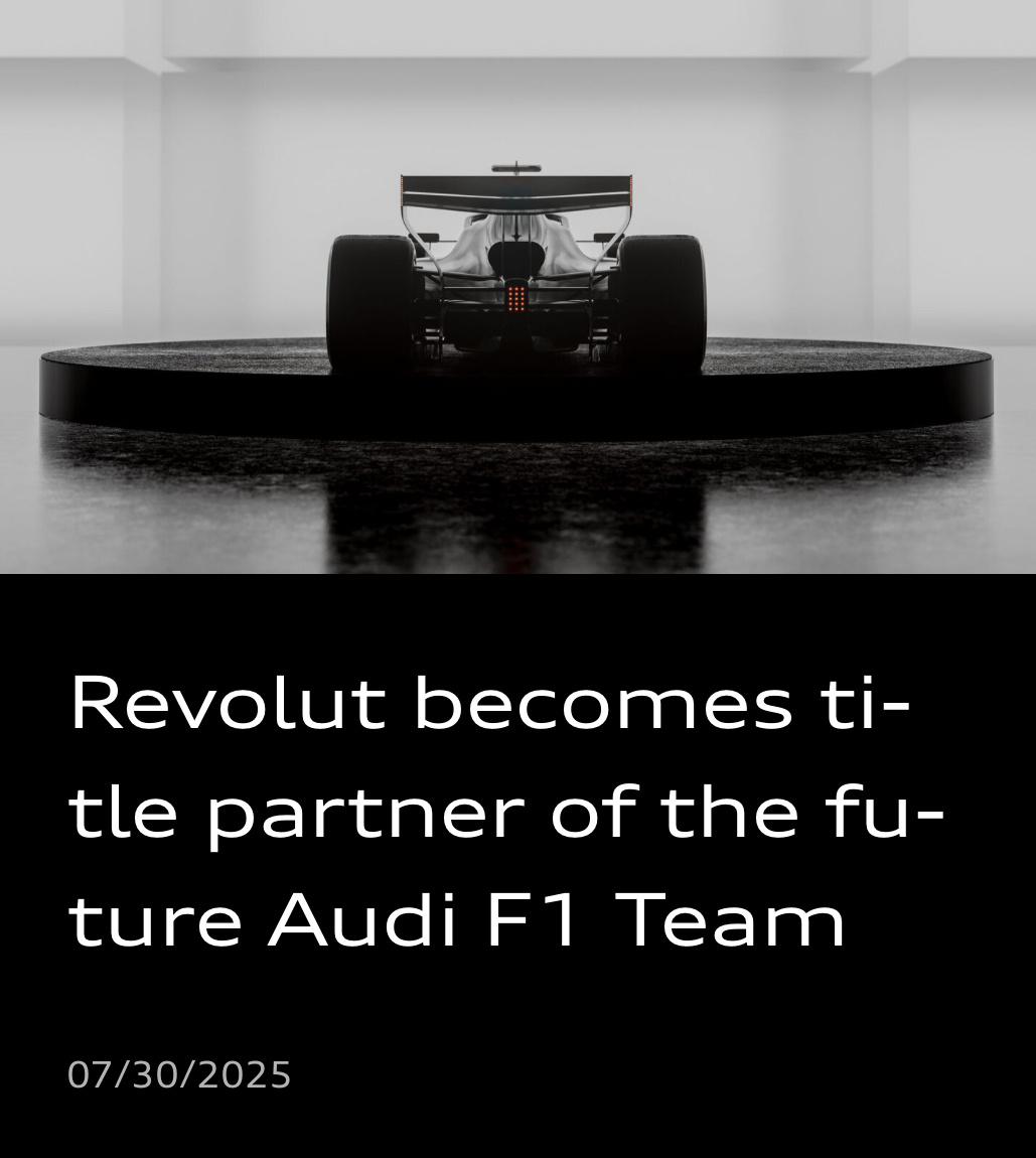 奥迪官宣Revolut将从2026年起成为其F1车队的冠名赞助商！F1 ​​​