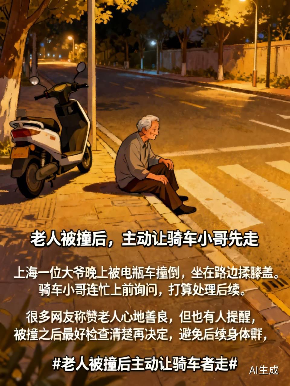 标题：老人被撞后，主动让骑车小哥先走。
走上海一位大爷晚上被电瓶车撞倒，坐在路边