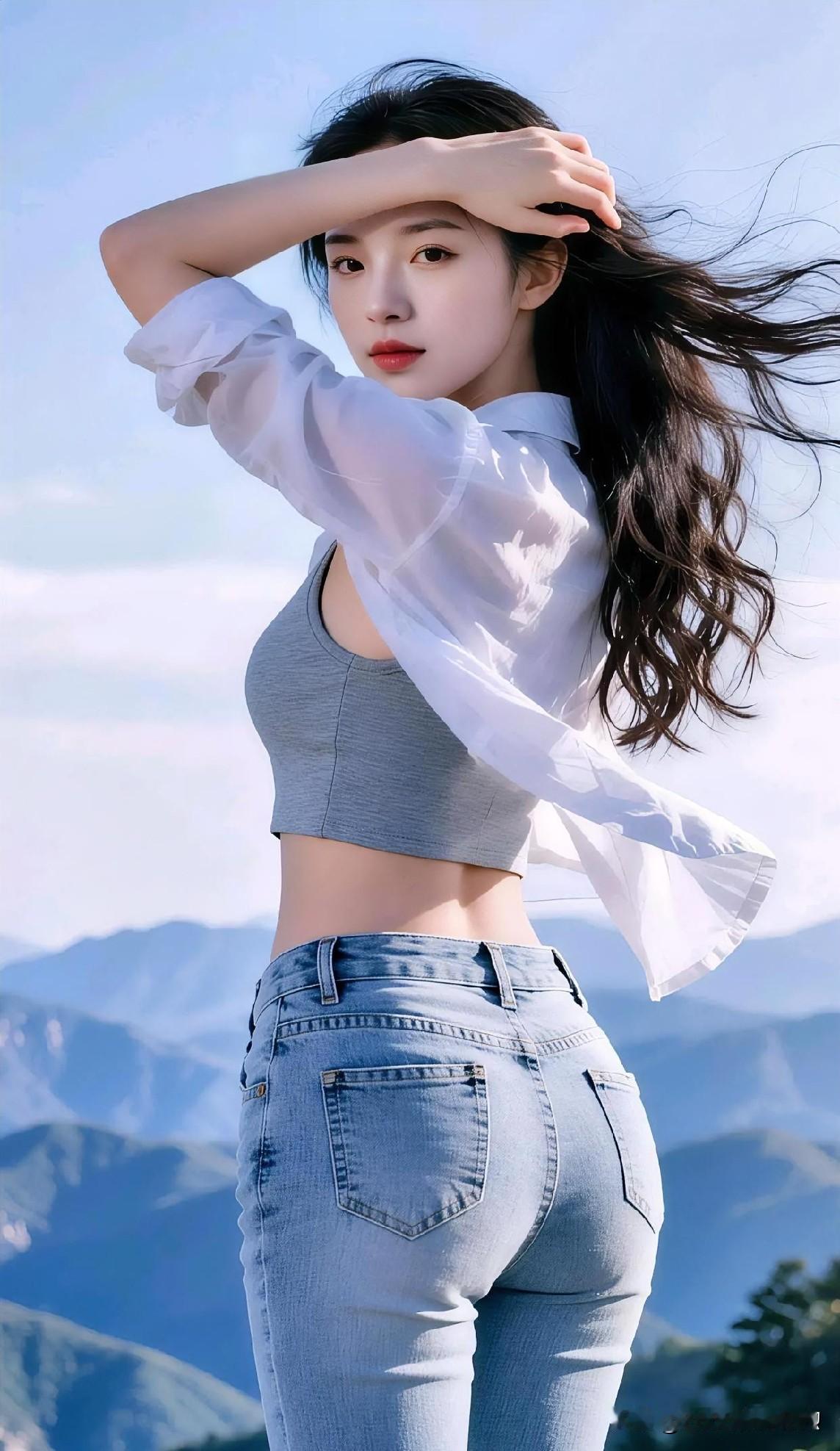 远山如黛作幕，微风扬起长发与衣袂，回眸间，清新与自由的气息扑面而来。