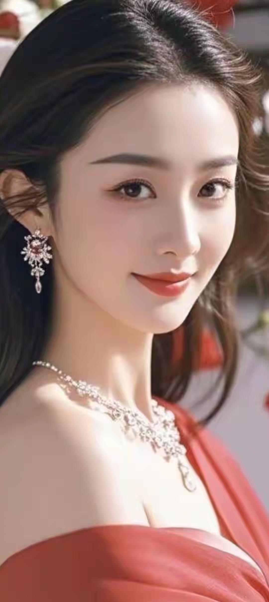 红色亮丽，珠光闪耀，温柔微笑