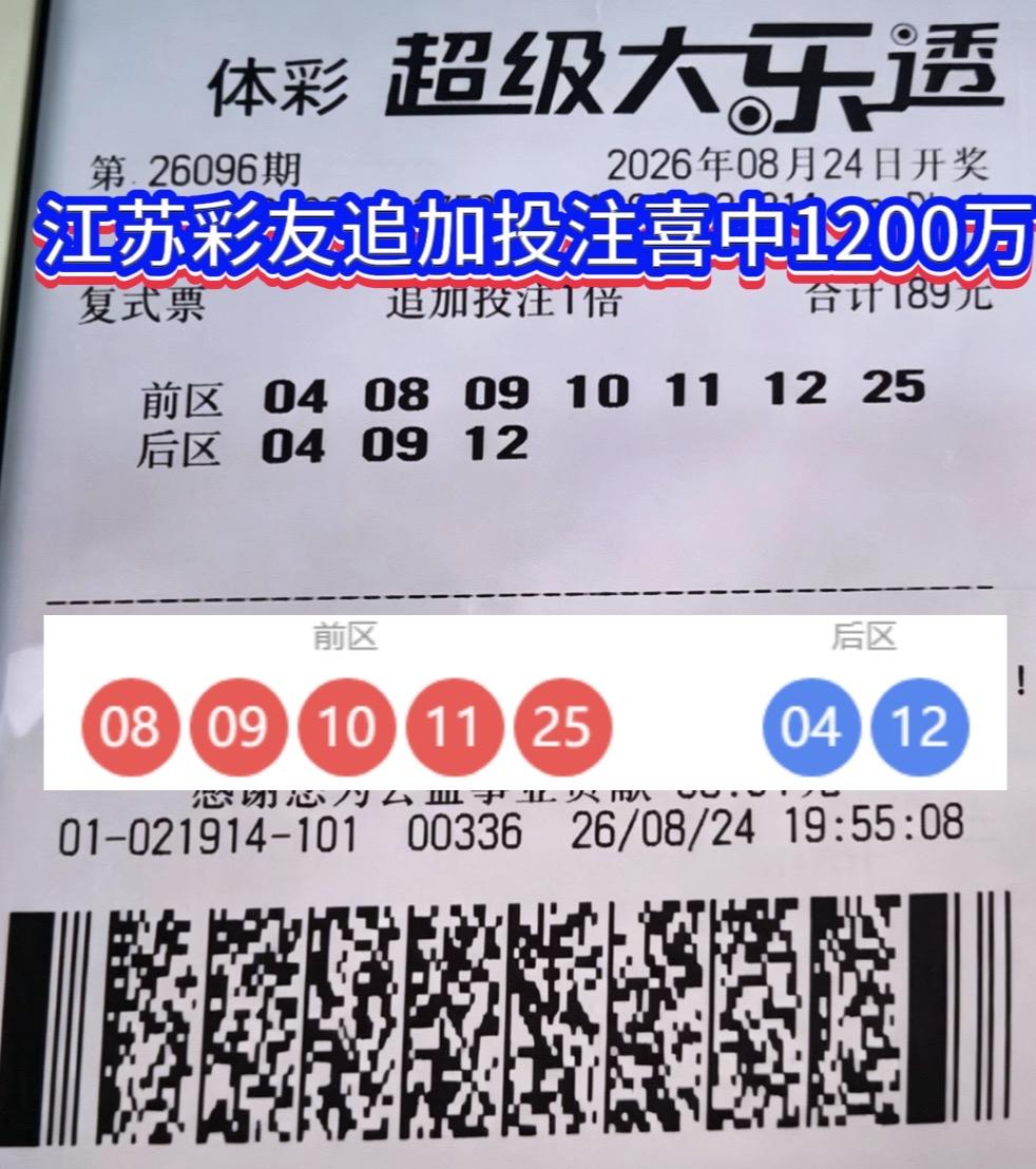 不到200元投入擒获1200万！四连号组合成功拿下大乐透追加头奖。

大乐透26