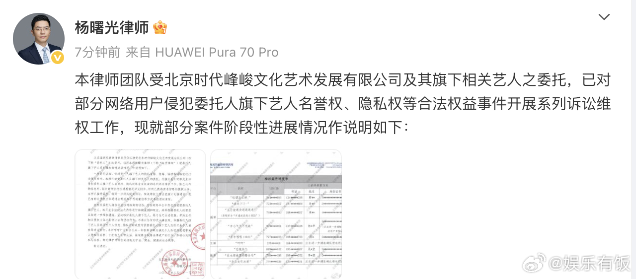 时代峰峻维权案件进展时代峰峻维权进展声明 受及其旗下相关艺人委托，针对旗下艺人遭