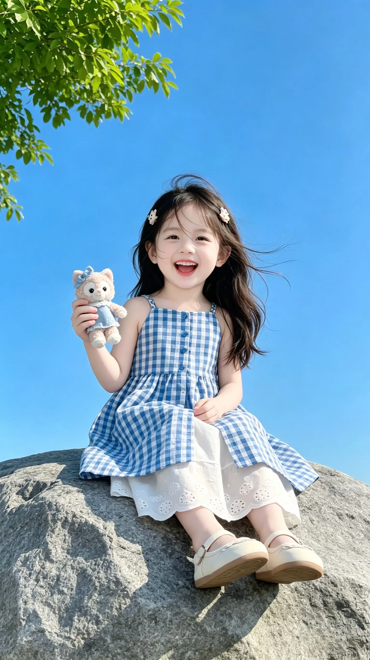 女童蓝白格纹吊带裙，夏日清新感拉满。夏天给女儿安排这条蓝白格纹吊带裙也...